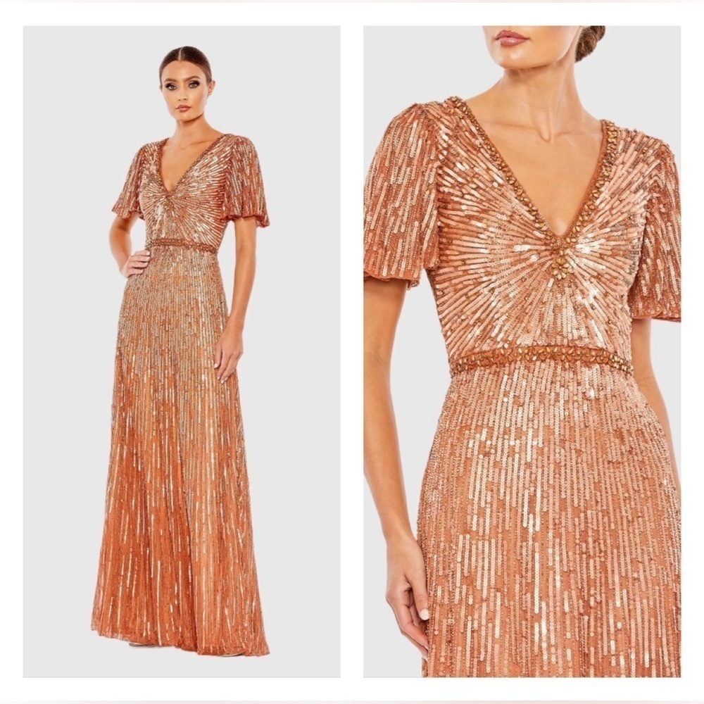 MAC DUGGAL 5538 NWT Embellished V Neck Butterfly Sleeve Column Gown in Copper